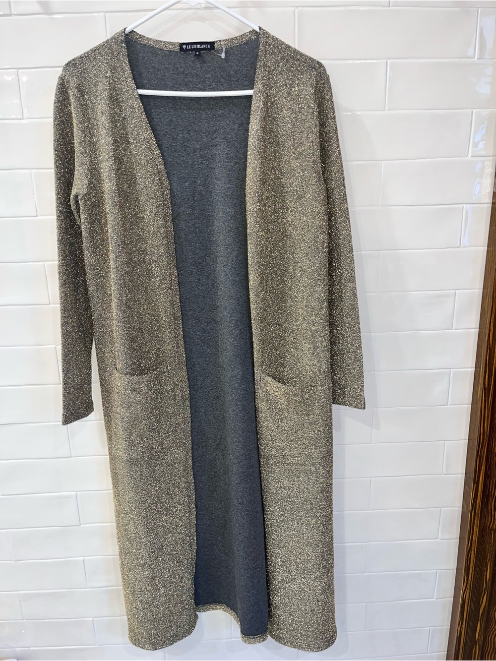 Le Lis Blanc Long Knit Duster Cardigan Sparkly Green Gold Fabric Sz M